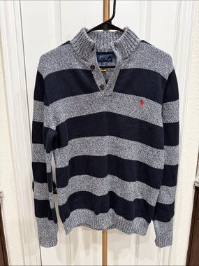 Polo Ralph Lauren Boy’s Navy BLUE Striped Mock Neck Button Sweater Size XL(18-20